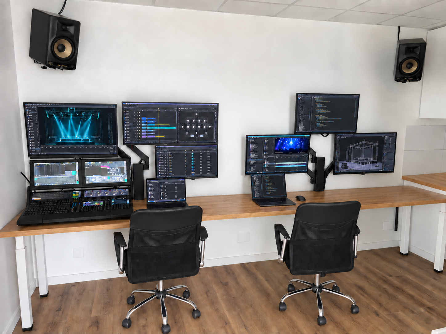 Console de programmation lumière et postes de développement logiciel de notre studio à Molsheim
